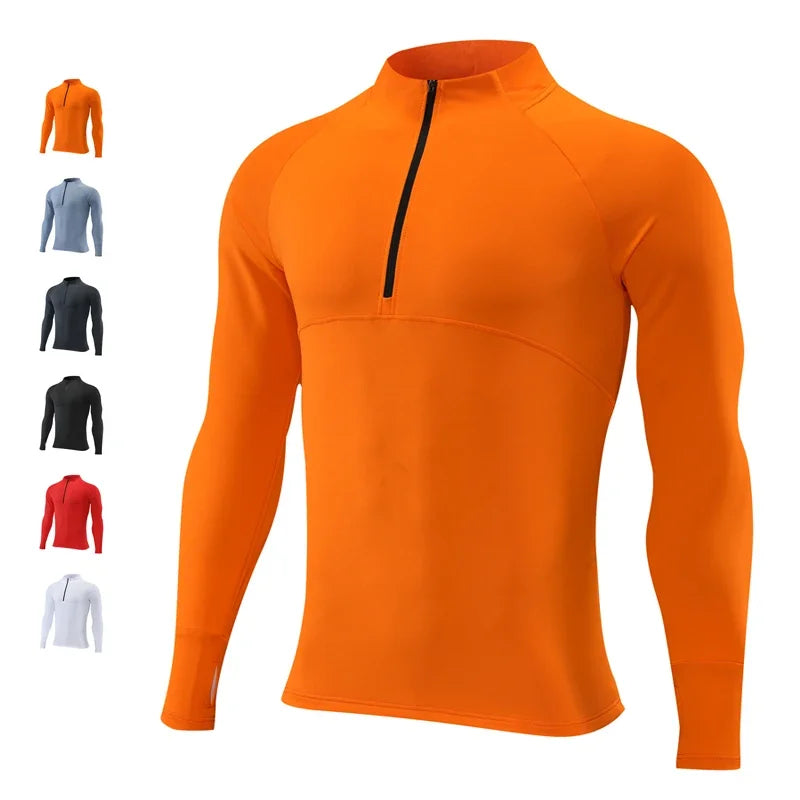 High Quality Quick Dry Mens Sports T-Shirt Sportswear Long Sleeve Running Gym Clothing Fitness Compression Shirt Zip Pullover