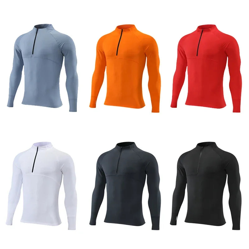 High Quality Quick Dry Mens Sports T-Shirt Sportswear Long Sleeve Running Gym Clothing Fitness Compression Shirt Zip Pullover