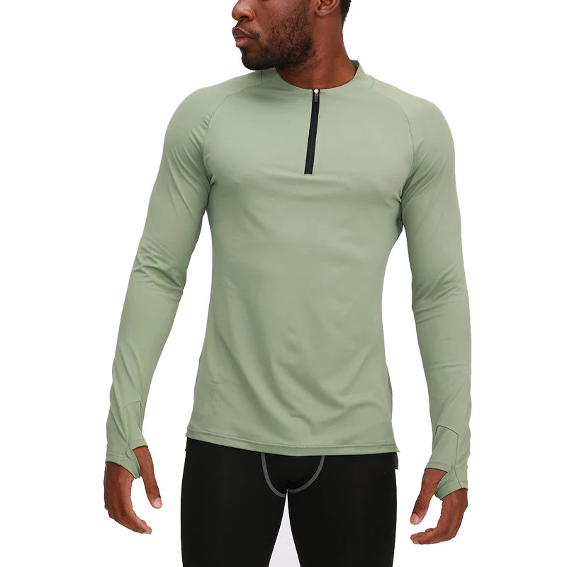 Men Sports Half Zip Long Sleeve Compression Gym Sportswear